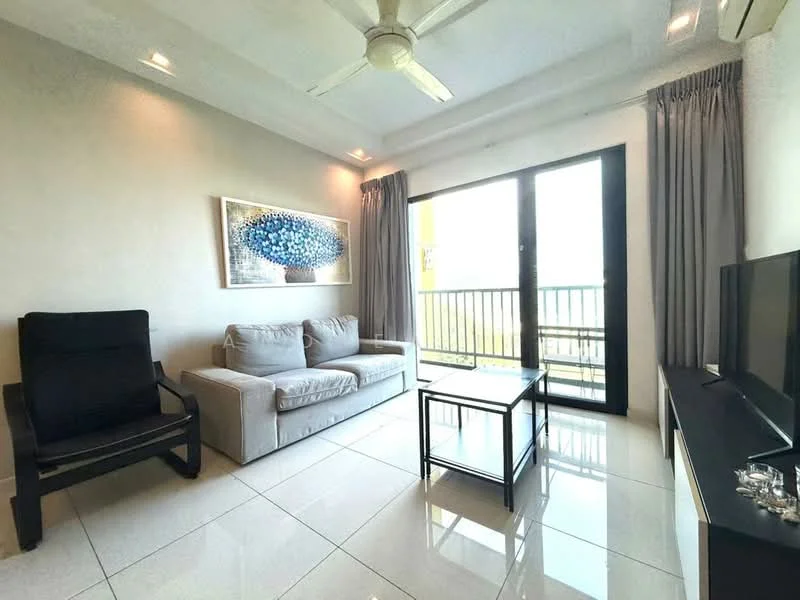Living features: grey fabric sofa, black armchair, glass coffee table, floor-to-ceiling sliding glass door, curtains, ceiling fan, wall-mounted TV, white painted walls, glossy tile flooring, decorative artwork; style: modern; view: city.