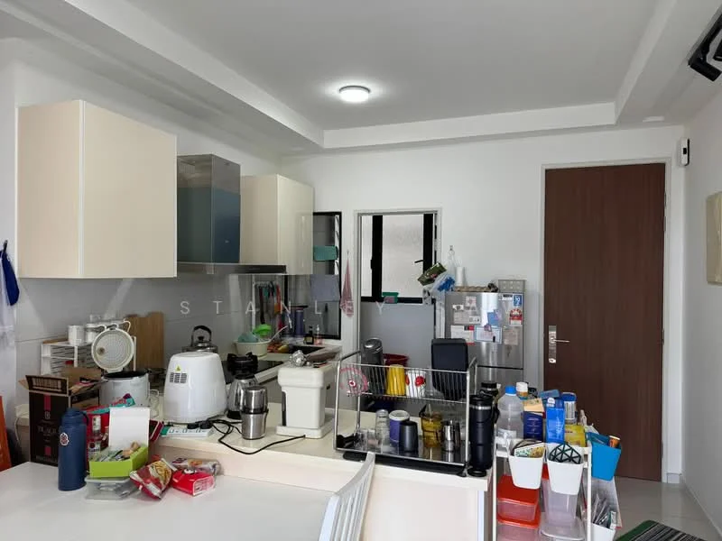 Kitchen features: white cabinetry, glass-front upper cabinets, countertop with integrated sink, stainless-steel kettle, blender, toaster, microwave, refrigerator, various kitchen utensils, open shelving, wall-mounted cabinets, recessed ceiling lights, tile backsplash; style: modern.