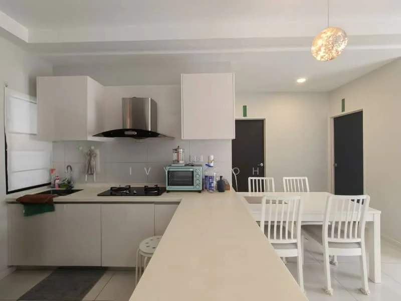Kitchen features: light grey cabinetry, white countertop, stainless-steel gas hob, stainless-steel range hood, built-in oven, white tiled backsplash, bar seating area, white dining table with four chairs, pendant light fixture, floor tiles, window with sheer curtains, kitchen utensils on countertop; style: modern.