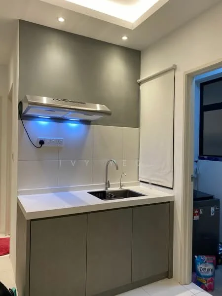 Kitchen features: single-bowl stainless-steel sink, chrome pull-down faucet, white quartz countertop, grey cabinetry, stainless-steel range hood, white tiled backsplash, recessed downlights, roller blinds, white walls, tile flooring; style: modern.