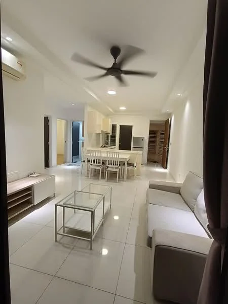 Living features: 3-seater fabric sofa in light grey, glass coffee table, wall-mounted TV console, white painted walls, polished tile flooring, ceiling fan, recessed downlights, dining table with white chairs, kitchen area visible in background, air conditioning unit; style: modern.