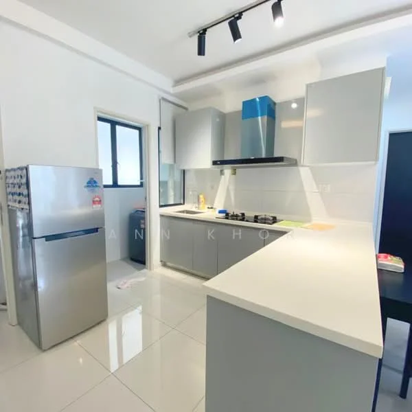 Kitchen features: grey cabinetry, white countertop, stainless-steel fridge, built-in gas hob, stainless-steel range hood, white tiled backsplash, ceramic tile flooring, recessed downlights, window with black frame, open layout; style: modern.
