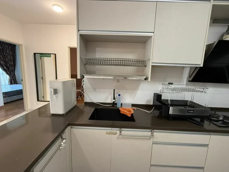 Kitchen features: black single-bowl sink, chrome pull-down faucet, dark countertop, light-colored cabinetry, built-in oven, gas hob, dish rack, microwave, refrigerator, open shelving; style: modern.