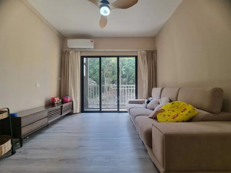 Living features: light brown fabric sectional sofa, wooden flooring, 5-blade ceiling fan with light, wall-mounted air conditioning unit, floor-to-ceiling sliding glass door, curtains, TV console, decorative cushions, open view to outdoor greenery; style: modern; view: garden.