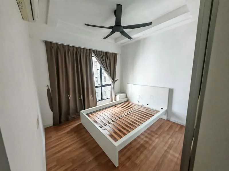 Bedroom features: wooden flooring, white painted walls, tray ceiling, 5-blade ceiling fan, floor-to-ceiling window, brown curtains, platform bed frame without mattress, built-in wardrobe; style: modern.