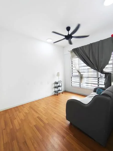 Living features: light wood flooring, white painted walls, 5-blade ceiling fan, floor-to-ceiling windows, grey fabric sofa, black metal side table, curtains in dark grey, decorative throw pillow; style: modern.