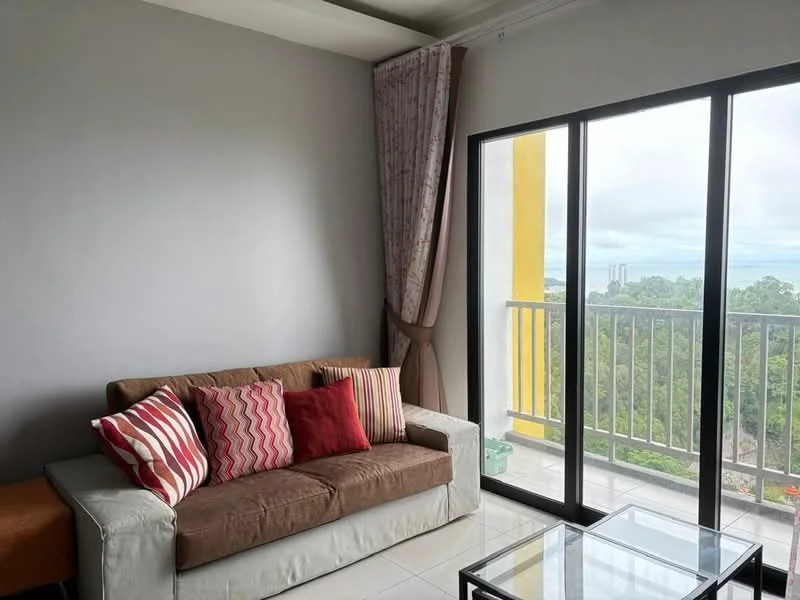 Living features: brown fabric sofa, red and white striped cushions, white armchair, floor-to-ceiling windows, sliding glass door, curtains with floral pattern, light grey painted walls, glossy white tile flooring, coffee table, view of greenery; style: modern; view: garden.