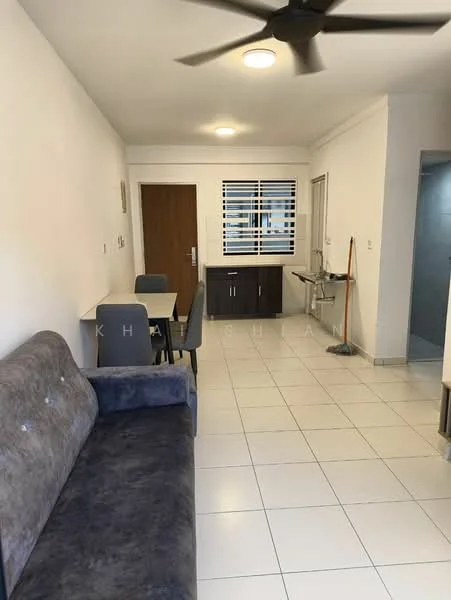 Living features: grey fabric sofa, 4-seater dining table, white painted walls, tile flooring, ceiling fan, window with horizontal blinds, built-in cabinetry, light fixture, cleaning broom; style: modern.