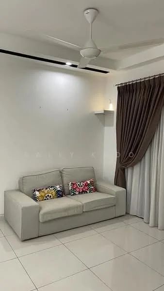 Living features: 3-seater fabric sofa in light grey, decorative cushions with colorful patterns, white painted walls, glossy white tile flooring, ceiling fan with light, floor-to-ceiling curtains in brown, wall-mounted shelf, recessed downlights; style: modern.
