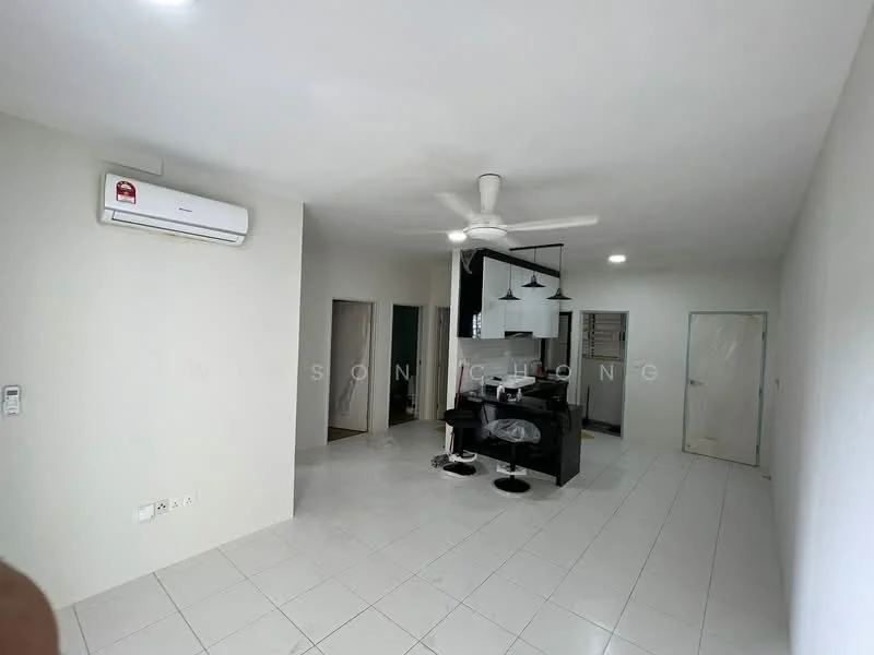 Living features: white painted walls, glossy white tile flooring, 5-blade ceiling fan with light, wall-mounted split AC, black dining table with chairs, pendant lighting above dining area, open layout, doorway leading to other rooms; style: modern.