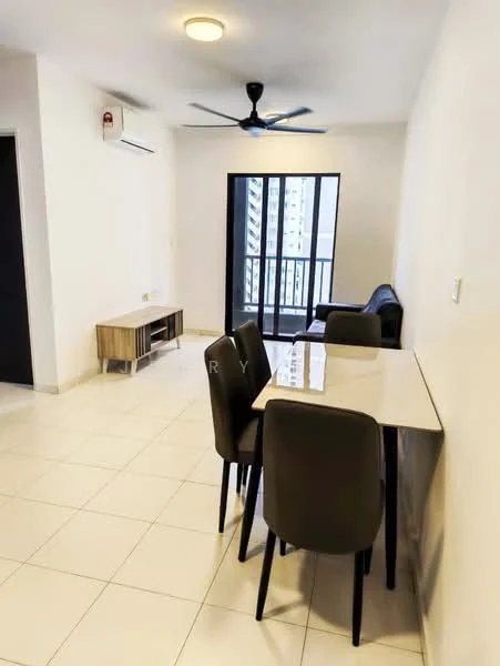 Dining features: 4-seater dining table with white tabletop, grey upholstered dining chairs, wall-mounted TV console in light wood, floor-to-ceiling windows, sliding glass door, black leather sofa, white painted walls, tile flooring, 1 wall-mounted split AC, ceiling fan with light; style: modern; view: city.