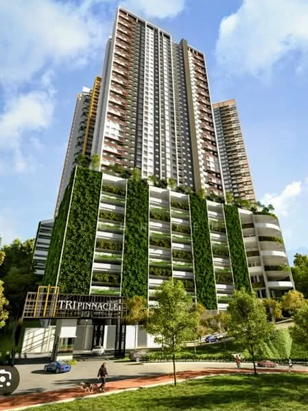 Exterior type: high-rise condominium; features: glass curtain wall, greenery on facade, balconies with planters, multiple storeys, modern entrance with signage, surrounded by landscaped gardens, parking spaces visible, manicured lawn, trees in vicinity; style: modern.