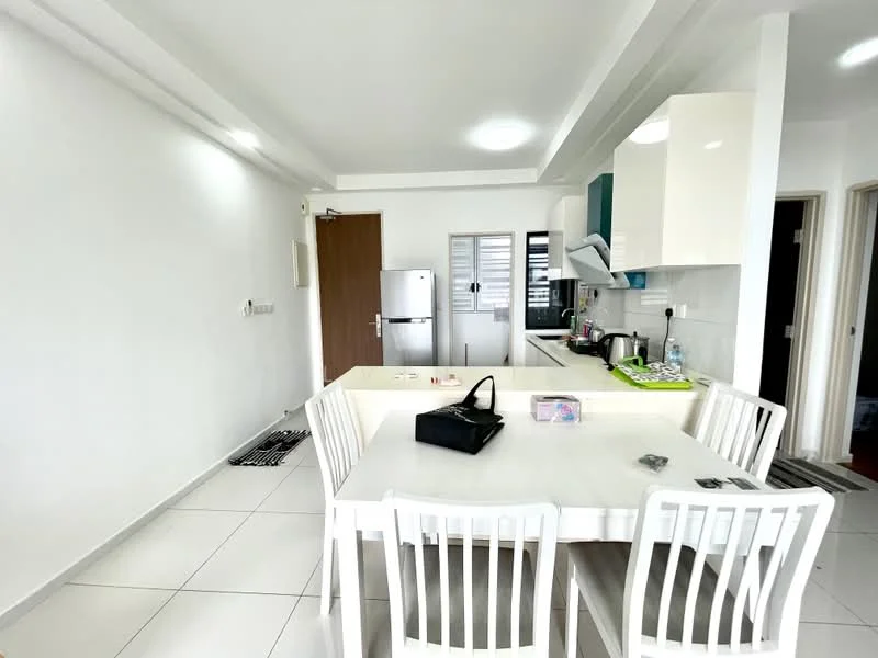 Kitchen features: white painted walls, white tiled flooring, flat-panel cabinetry in white, blue cabinetry, stainless-steel fridge, built-in oven, 4-burner gas hob, single-bowl stainless-steel sink, chrome pull-down faucet, breakfast bar with 4 white dining chairs, recessed downlights, window with blinds; style: modern.
