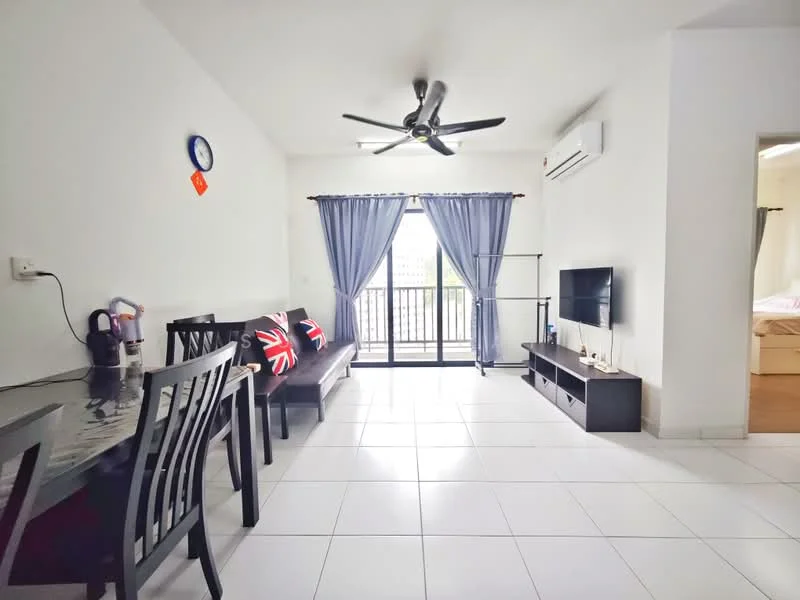 Living features: white painted walls, white tiled flooring, 5-blade ceiling fan with light, floor-to-ceiling windows, sliding glass door, black TV console, wall-mounted TV, dining table with black chairs, sofa with Union Jack cushions, curtains in grey, clock on the wall, air conditioning unit; style: modern; view: city.
