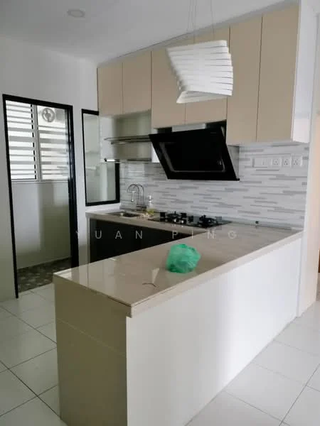 Kitchen features: L-shaped kitchen layout, light beige cabinetry, white countertop, stainless-steel sink, chrome pull-down faucet, built-in gas hob, stainless-steel range hood, grey mosaic tile backsplash, floor-to-ceiling windows, white tiled flooring, pendant light fixture; style: modern.
