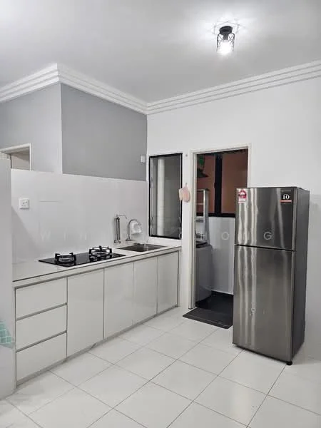 Kitchen features: white cabinetry, stainless-steel sink, chrome pull-down faucet, 2-burner gas hob, stainless-steel fridge, white tiled backsplash, white tiled flooring, recessed ceiling lights, window with black frame, doorway to hallway; style: modern.