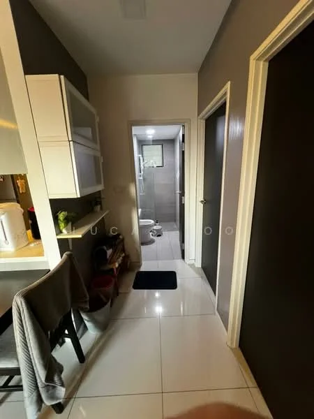 Room features: white tiled flooring, grey painted walls, white cabinetry, open shelving, doorway leading to bathroom, doorway leading to another room, recessed lighting, kitchenette area with countertop, black chair, black mat on floor; style: modern.