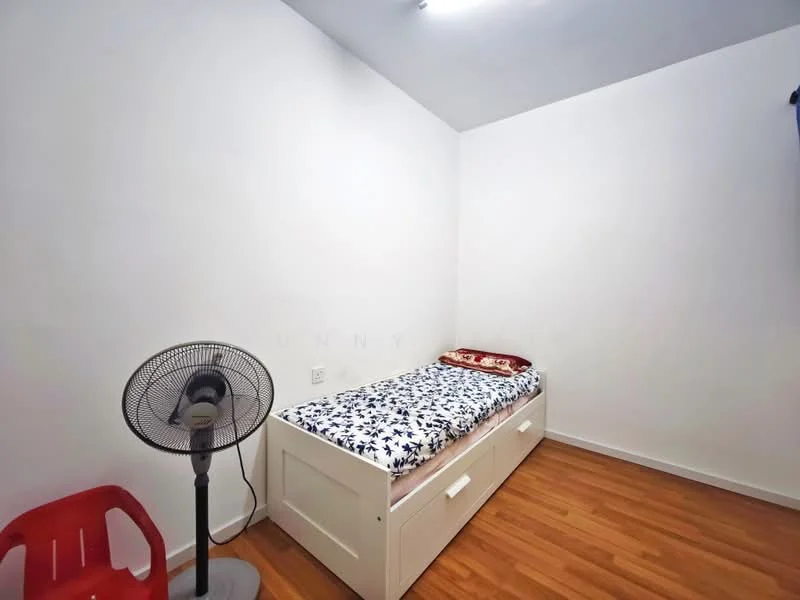Bedroom features: single bed with mattress, white bed frame with storage drawers, floral patterned bedspread, wooden flooring, white painted walls, ceiling light, standing fan, red plastic chair; style: minimalist.