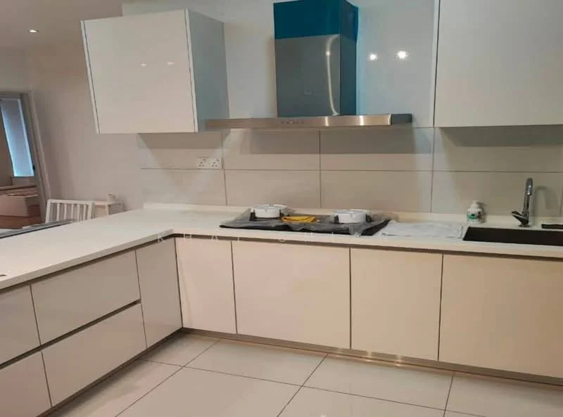 Kitchen features: white cabinetry, marble countertop, stainless-steel sink, chrome pull-down faucet, built-in oven, stainless-steel range hood, 4-burner gas hob, white tiled backsplash, large window for natural light, polished tile flooring, under-cabinet lighting; style: modern.