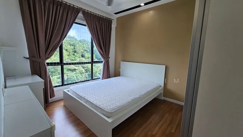 Bedroom features: queen-size bed frame without mattress, brown accent wall, white painted walls, floor-to-ceiling windows, sheer curtains, wooden flooring, built-in wardrobe, side table, recessed ceiling lights; style: modern; view: garden.