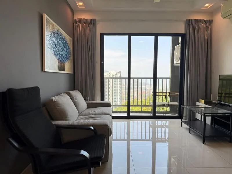 Living features: floor-to-ceiling windows, sliding glass door, grey painted walls, white tiled flooring, 2-seater fabric sofa in beige, 1 armchair in black, TV console, wall-mounted TV, decorative artwork, curtains, ceiling fan with light; style: modern; view: city.