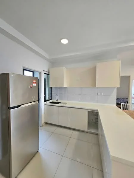 Kitchen features: white cabinetry, stainless-steel fridge, single-bowl stainless-steel sink, chrome pull-down faucet, white countertop, tile backsplash, ceramic tile flooring, recessed downlights, window for natural light, open layout, breakfast bar, kitchen island; style: modern.
