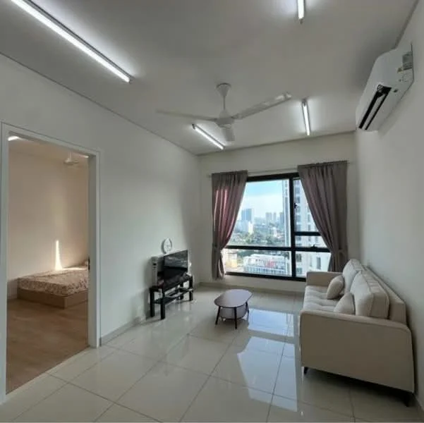 Living features: white painted walls, glossy tile flooring, 5-blade ceiling fan with light, floor-to-ceiling windows, sheer curtains, sofa in cream, coffee table, wall-mounted TV, air conditioning unit; style: modern; view: city. Room features: wood flooring, bed with mattress, white painted walls, 5-blade ceiling fan.