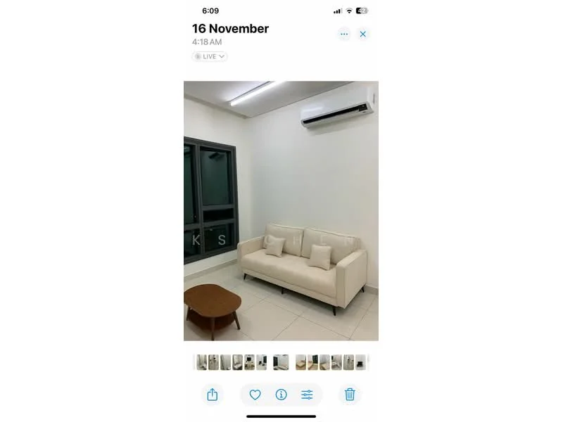 Living features: white painted walls, tile flooring, 5-blade ceiling fan with light, wall-mounted split AC, sofa in cream color, coffee table in wood, floor-to-ceiling windows, sheer curtains; style: modern.