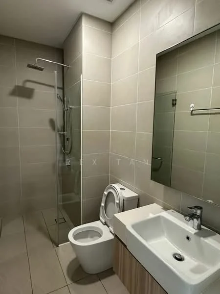 Bathroom features: walk-in shower with glass enclosure, rain shower head, chrome basin mixer faucet, single-sink vanity with wood cabinet, framed mirror, one-piece toilet, tile cladding on walls, ceramic tile flooring; style: modern.
