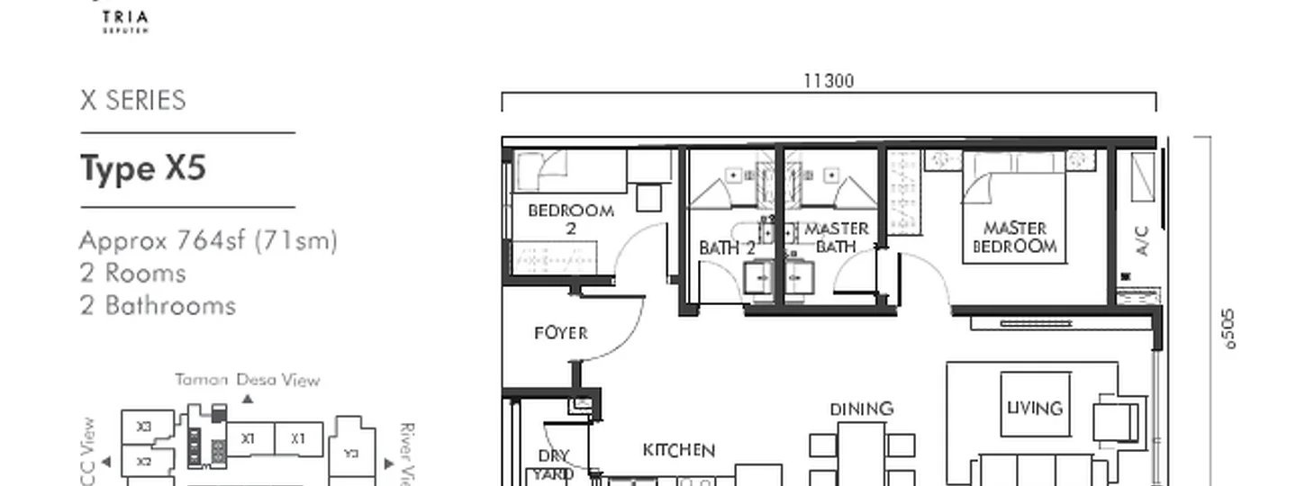 Floor plan: 2-bedroom 2-bathroom unit; features: open-plan kitchen-dining-living, master bedroom with ensuite bathroom, central foyer, utility room, balcony off living room, 2 bathrooms, 2 bedrooms, AC in living area.