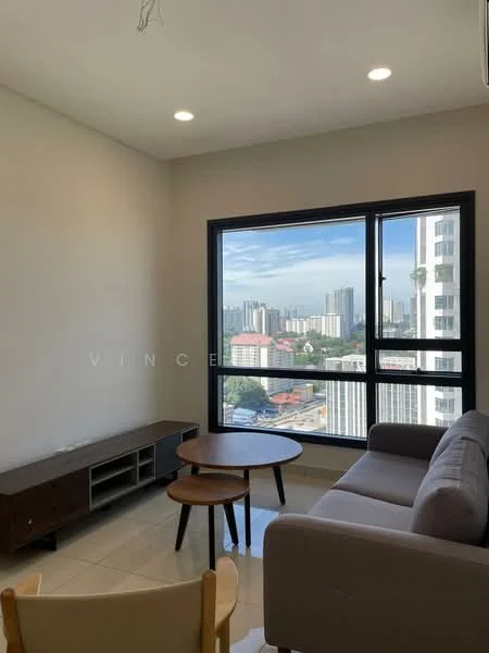 Living features: grey fabric sofa, wooden coffee table, TV console, floor-to-ceiling windows, city skyline view, recessed downlights, cream painted walls, glossy tile flooring; style: modern; view: city.