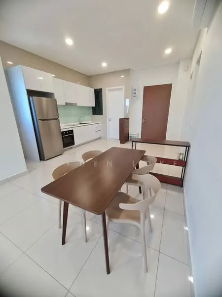 Kitchen features: white cabinetry, stainless-steel fridge, built-in oven, ceramic cooktop, white quartz countertop, single-bowl stainless-steel sink, chrome pull-down faucet, tile backsplash, recessed downlights, white tiled flooring, dining table with wooden top, 4 beige dining chairs; style: modern.