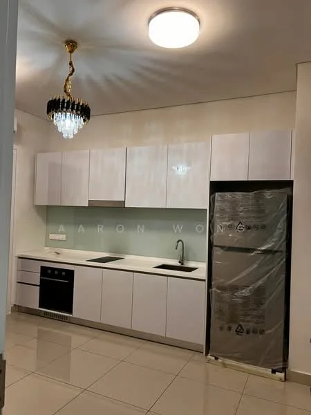 Kitchen features: white flat-panel cabinets, white countertop, single-bowl stainless-steel sink, chrome pull-down faucet, built-in oven, freestanding range oven, stainless-steel fridge, ceramic tile flooring, recessed downlights, chandelier with crystals, green glass backsplash; style: modern.
