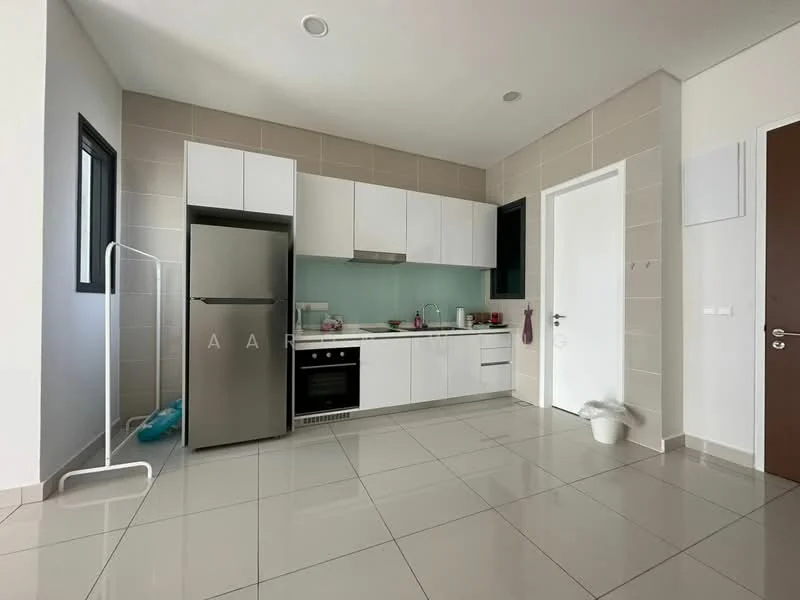 Kitchen features: white cabinetry with flat-panel doors, stainless-steel fridge, built-in oven, 4-burner gas hob, glass backsplash, white quartz countertop, single-bowl stainless-steel sink, chrome pull-down faucet, tile flooring, recessed downlights, floor-to-ceiling windows, open shelving, wall-mounted kitchen cabinet; style: modern.