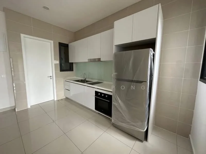 Kitchen features: white cabinetry, stainless-steel fridge, built-in oven, ceramic cooktop, single-bowl stainless-steel sink, chrome pull-down faucet, glass backsplash, grey tiled walls, polished ceramic tile flooring, recessed downlights, window with black frame; style: modern.