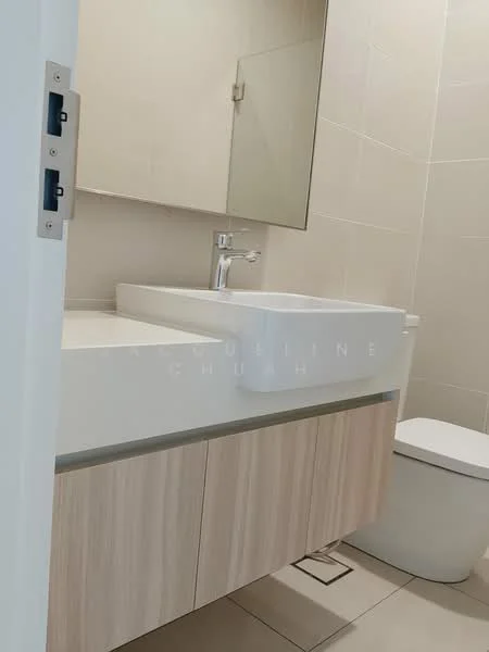 Bathroom features: single-sink vanity with wood cabinet, white ceramic sink, chrome basin mixer faucet, mirror above sink, white toilet, light beige tiled walls, light beige tiled flooring, built-in cabinetry under sink; style: modern.