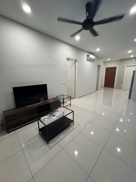 Living features: white painted walls, glossy ceramic tile flooring, 5-blade ceiling fan, wall-mounted TV, wooden TV console, metal coffee table, decorative magazines on coffee table, air conditioning unit, doorway leading to other rooms, recessed LED downlights; style: modern.