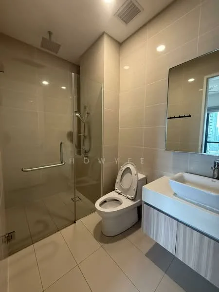 Bathroom features: walk-in shower with glass enclosure, chrome handheld shower, white ceramic toilet, single-sink vanity with wood cabinet, framed mirror, white sink, tile flooring, beige wall tiles, recessed downlights, grab bar, shower wall with tile cladding; style: modern.