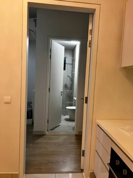 Kitchen features: white cabinetry, black handles, countertop with sink, stainless-steel sink, wood flooring, tile flooring, recessed lighting; style: modern. Bathroom features: toilet, shower area with glass enclosure, tile flooring, white walls, modern fixtures; style: modern.