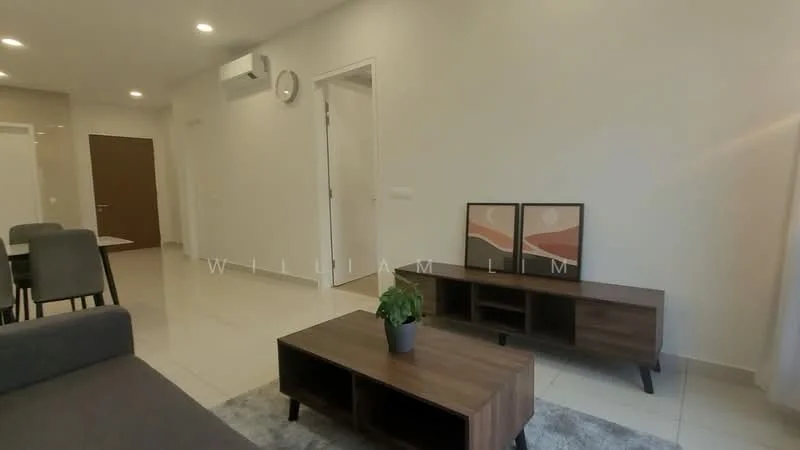 Living features: light grey walls, white ceiling, tile flooring, 5-blade ceiling fan, wall-mounted air conditioning unit, wooden coffee table, dark wood TV console, two framed artworks, indoor plant, grey fabric sofa, dining table with grey chairs; style: modern.