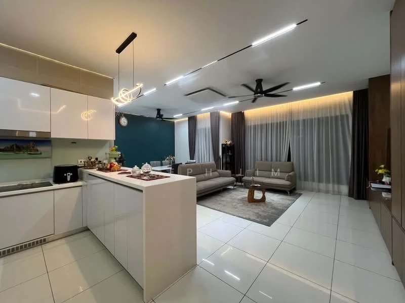 Kitchen features: white cabinetry, stainless-steel appliances, marble countertop, built-in oven, 4-burner gas hob, single-bowl stainless-steel sink, chrome pull-down faucet, backlit upper cabinets; style: modern. Living features: 3-seater fabric sofa in grey, 2-seater fabric sofa, coffee table, area rug, wall-mounted TV, ceiling fan with light, recessed downlights, floor-to-ceiling windows with sheer curtains, decorative plants; style: modern.