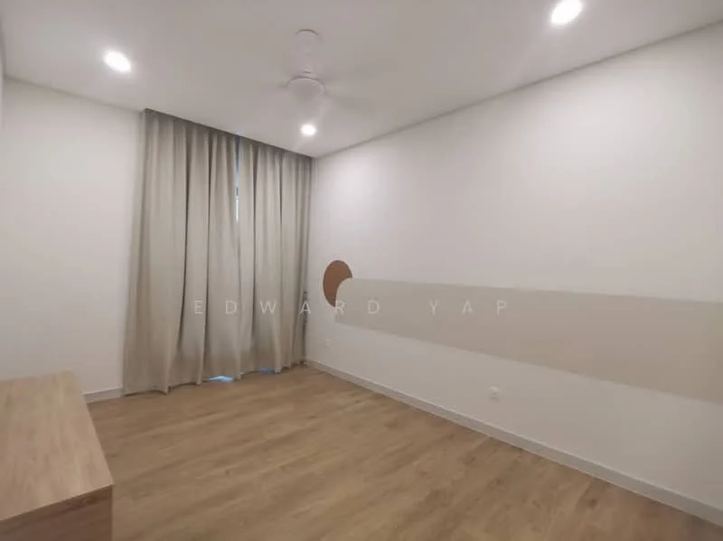 Room features: light wood flooring, white painted walls, ceiling fan, floor-to-ceiling window with sheer curtains, wooden console table, neutral color scheme, decorative wall accent, recessed lighting; style: modern.