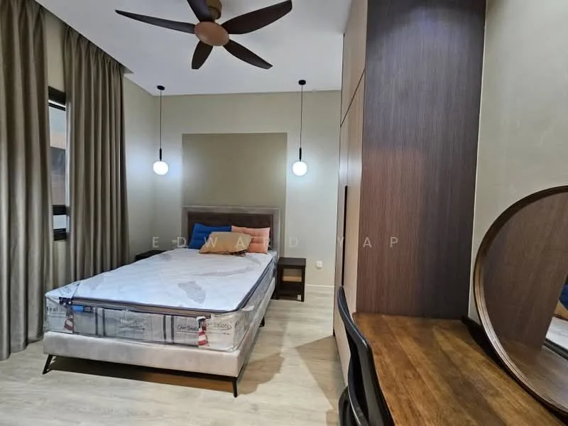 Bedroom features: king-size bed, upholstered headboard, 2 bedside lamps, wooden bedside table, study desk, wooden chair, floor-to-ceiling curtains, ceiling fan with light, wooden flooring, decorative mirror, wall-mounted light fixtures; style: modern.