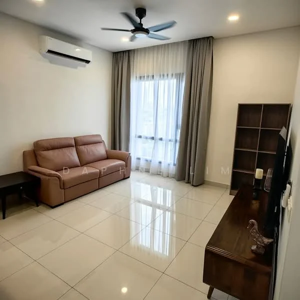 Living features: 3-seater leather sofa in brown, wall-mounted TV, TV console, floor-to-ceiling window, sheer curtains, dropped ceiling, recessed LED downlights, 1 wall-mounted split AC, glossy ceramic tile flooring, decorative wall art, wooden shelving unit, coffee table; style: modern; view: city.