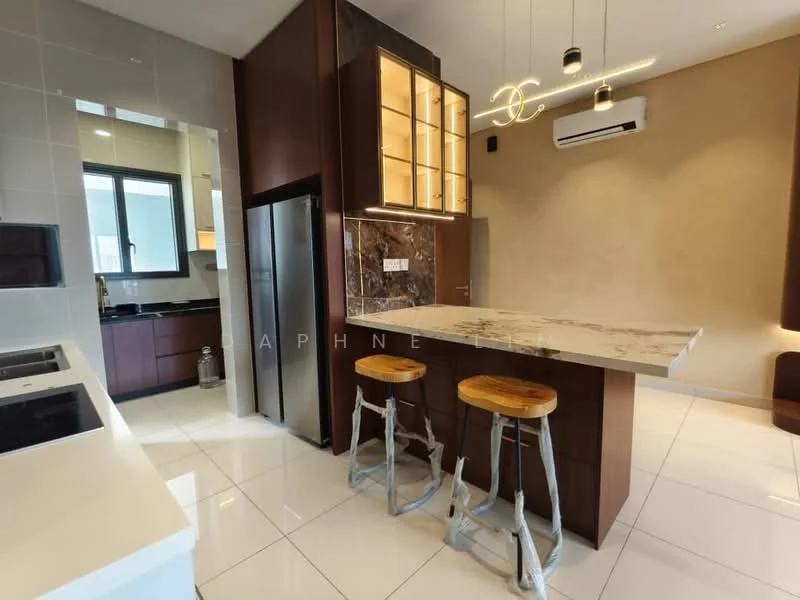 Kitchen features: white glossy cabinets, brown wooden cabinetry, marble countertop with veining, stainless-steel fridge, built-in oven, induction cooktop, pendant lighting, bar stools, white tiled flooring, recessed downlights, window with view, backlit glass display cabinet; style: modern.