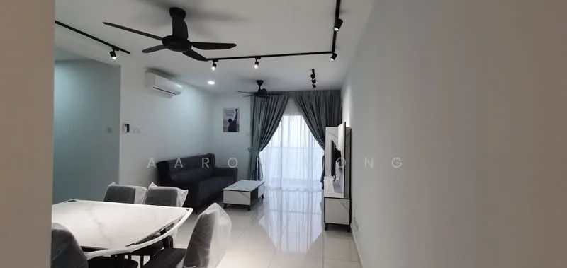 Living features: 5-blade ceiling fan with light, recessed LED downlights, grey fabric sofa, white coffee table, wall-mounted TV, TV console, dining table with marble top, 4 upholstered dining chairs, floor-to-ceiling windows with sheer curtains, white walls, glossy tile flooring; style: modern.