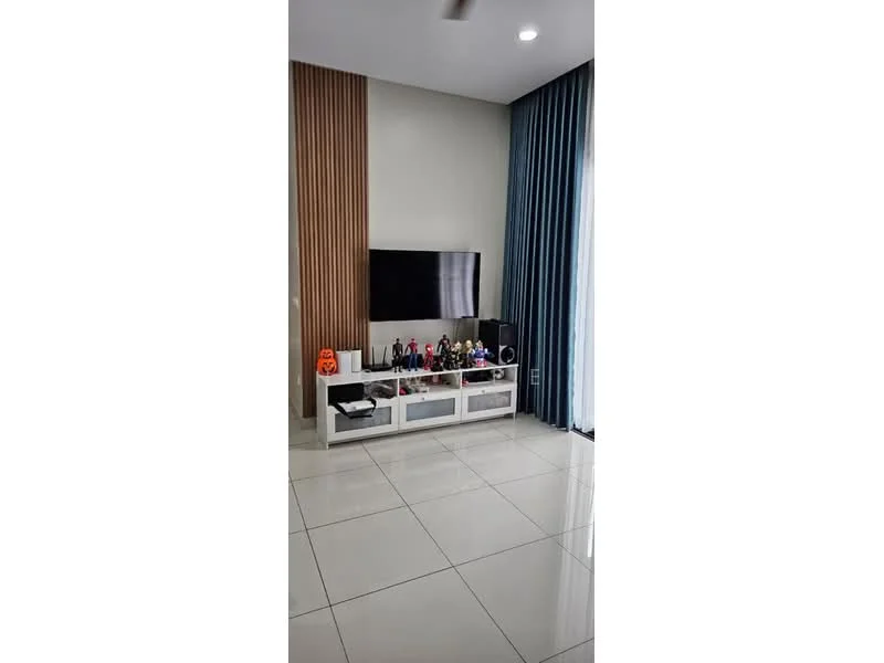 Living features: white tiled flooring, light grey painted walls, wood panel accent wall, floor-to-ceiling windows with blue curtains, wall-mounted TV, white TV console with storage, decorative figurines on console, ceiling fan with light; style: modern.