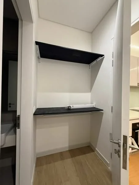 Laundry features: wall-mounted shelf, black countertop, light wood flooring, white painted walls, door with handle, open space, minimalist design; style: modern.