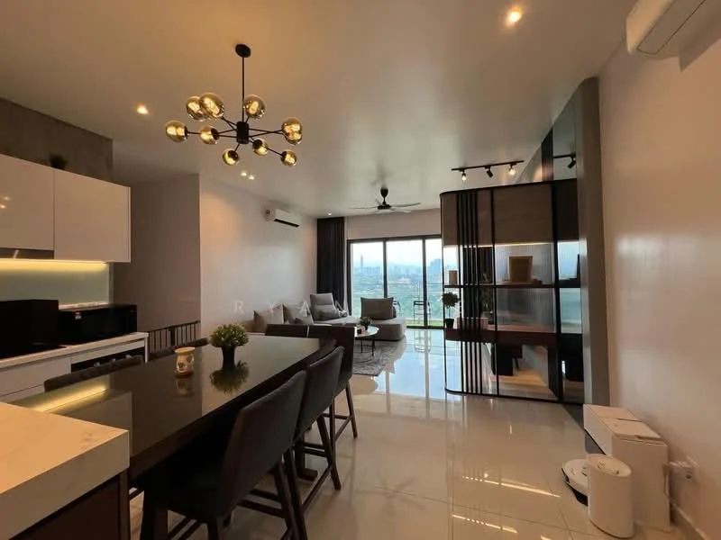 Living features: white painted walls, polished tile flooring, 5-blade ceiling fan, chandelier with multiple bulbs, floor-to-ceiling windows, city view, sofa in light grey fabric, coffee table, TV console, decorative shelving unit, indoor plants, recessed lighting; style: modern; view: city. Kitchen features: white cabinetry, marble countertop, stainless-steel sink, built-in oven, microwave, stainless-steel range hood, 4-burner gas hob, open shelving, bar stools; style: modern.