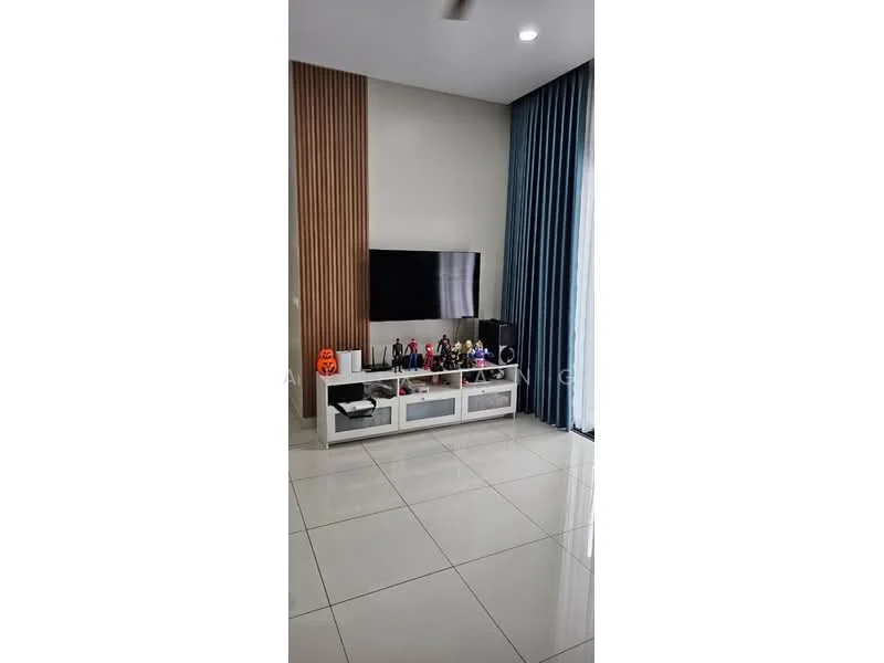 Living features: wall-mounted TV, white TV console with storage, decorative figurines on console, grey accent wall, wood paneling, large windows with blue curtains, white tiled flooring, ceiling fan; style: modern.